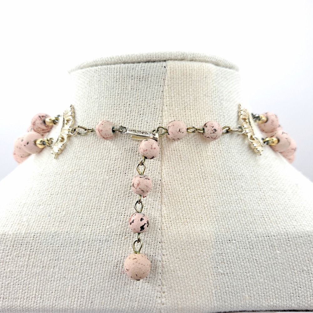 Vintage Speckled Bead Necklace Gold-Tone Pink Double Strand Graduated Hong Kong - Picture 3 of 11